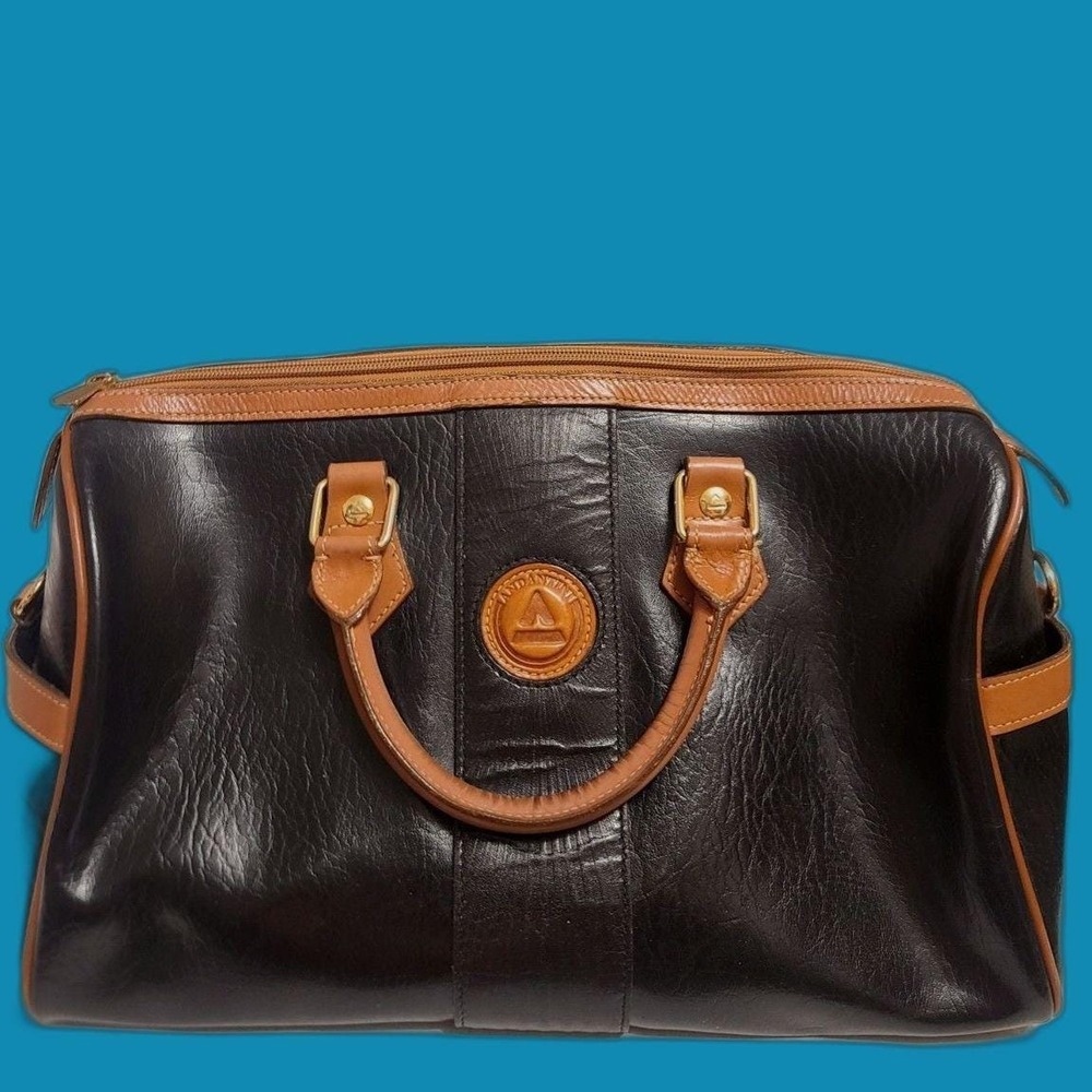 Vintage Andantini Moda Italiana Black Leather Satchel Duffel Bag Weekender EUC